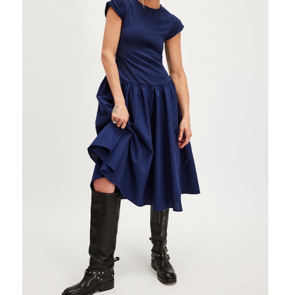 Free People Boho Chic Navy Drop Waist Midi Cotton Dress